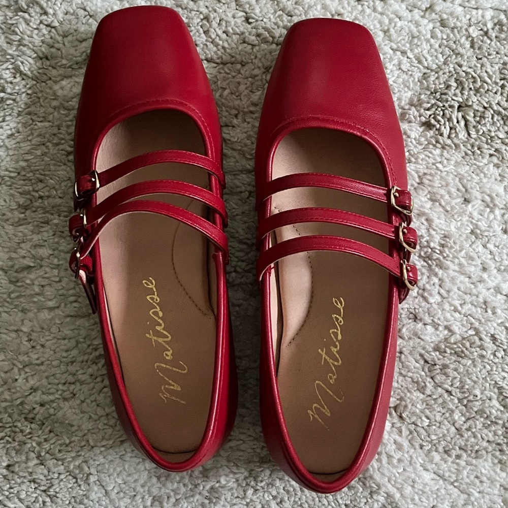 Matisse Nova Leather Three Strap Buckle Detail Mary Jane Ballet Flats